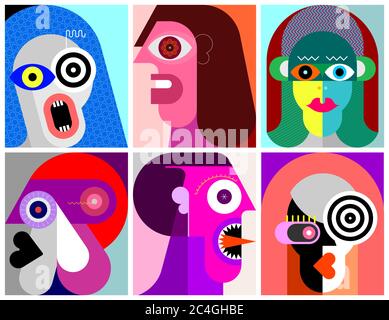 Six Portraits modern art vector illustration. Composition of six different abstract images of human face. Stock Vector
