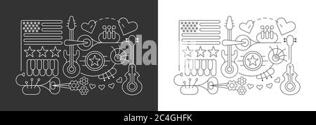 Line art isolated on a dark grey and on a white background USA Independence Day vector illustrations. Celebration of Fourth of July, July 4th. Stock Vector