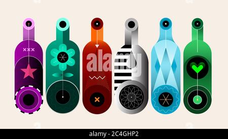 A row of six different colored bottles on a light background, decorative modern design, vector illustration. Stock Vector