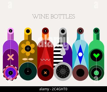 A row of six different colored wine bottles on a light background, decorative modern design, vector illustration. Stock Vector