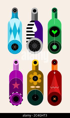 A row of six different colored bottles on a light background, decorative modern design, vector illustration. Stock Vector