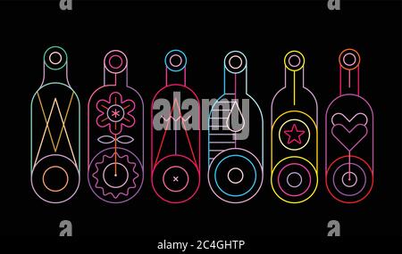 Neon colors on a black background Decorative Bottles vector illustration. Row of six different wine bottle silhouettes. Stock Vector