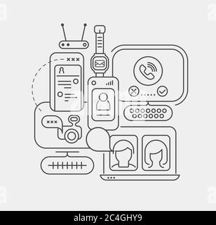 Line art isolated on a light grey background Online Chatting vector design. Electronic devices, computer, laptop, smartphone and wi-fi router. Stock Vector