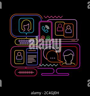 Neon colors isolated on a black background Online Chatting vector illustration. Computer monitors and smartphone screens with chat messages, video con Stock Vector