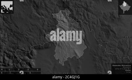 Kosovska Mitrovica, district of Kosovo. Grayscaled map with lakes and rivers. Shape presented against its country area with informative overlays. 3D r Stock Photo