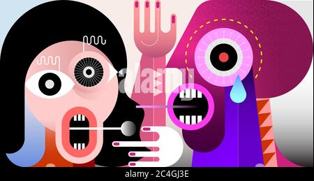 Angry couple arguing shouting blaming each other. Two people are talking and looking at each other, man is crying. Modern art vector illustration. Stock Vector