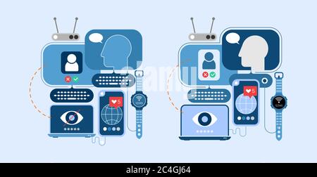 Social Networking Concept vector illustration.  Design with computers and electronic devices isolated on a light blue background. Stock Vector