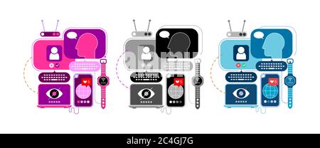 3 options of a Social Networking vector illustration.  Design with computers and electronic devices isolated on a white background. Stock Vector