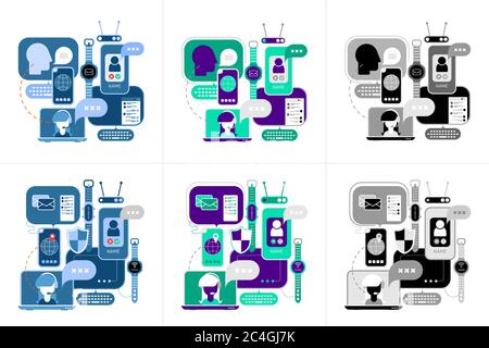 Two sets of multicolored and monochromatic Online Communication designs isolated on a white background. Stock Vector