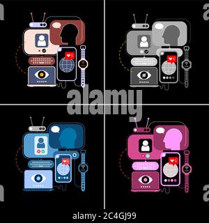 4 options of a Social Networking vector illustration. Design with computers and electronic devices isolated on a black background. Stock Vector