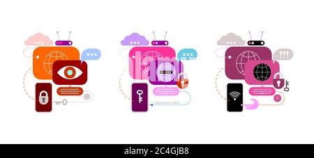 Colorful design isolated on a white background Computer Security vector banners. Set of three cyber security vector flat graphic compositions. Stock Vector