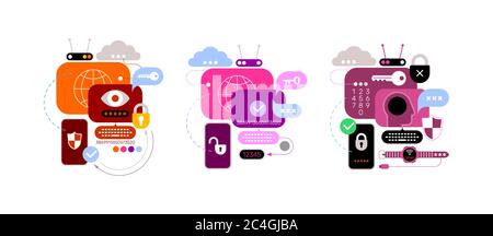 Colorful design isolated on a white background Cyber Security Service vector banners. Set of three IT security vector flat compositions. Stock Vector