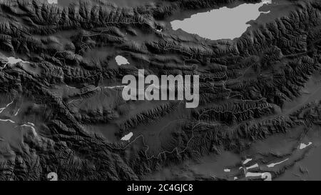 Naryn, province of Kyrgyzstan. Grayscaled map with lakes and rivers. Shape outlined against its country area. 3D rendering Stock Photo