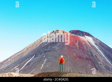 Man walking on hike trail route with Mount Cook National Park, beautiful mountains region. Tramping, hiking, travel in New Zealand. Stock Photo