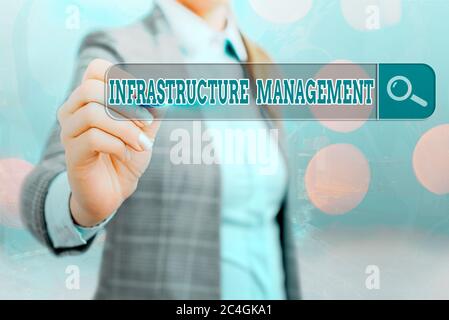 Writing note showing Infrastructure Management. Business concept for minimize downtime, maintain business productivity Web search digital information Stock Photo