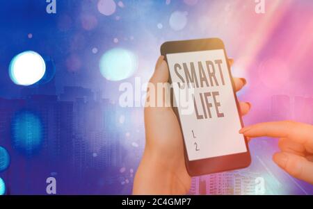 Word writing text Smart Life. Business photo showcasing technology that works to make living enjoyable and comfortable Modern gadgets with white displ Stock Photo