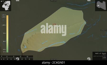 Wadi al Hayat, district of Libya. Colored shader data with lakes and rivers. Shape presented against its country area with informative overlays. 3D re Stock Photo