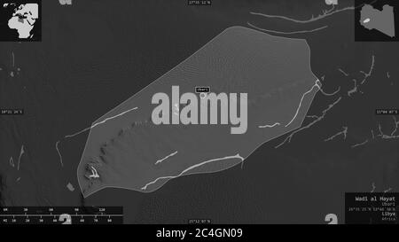 Wadi al Hayat, district of Libya. Grayscaled map with lakes and rivers. Shape presented against its country area with informative overlays. 3D renderi Stock Photo