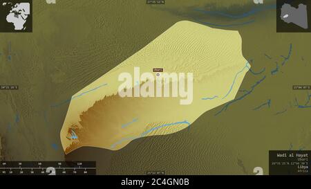 Wadi al Hayat, district of Libya. Colored relief with lakes and rivers. Shape presented against its country area with informative overlays. 3D renderi Stock Photo