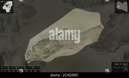 Wadi al Hayat, district of Libya. Satellite imagery. Shape presented against its country area with informative overlays. 3D rendering Stock Photo