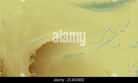 Wadi al Hayat, district of Libya. Colored relief with lakes and rivers. Shape outlined against its country area. 3D rendering Stock Photo