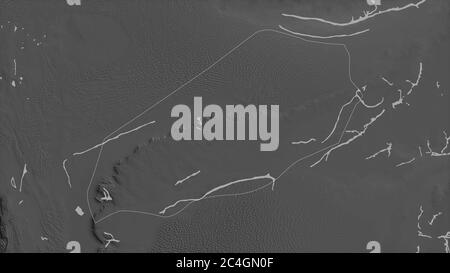Wadi al Hayat, district of Libya. Grayscaled map with lakes and rivers. Shape outlined against its country area. 3D rendering Stock Photo