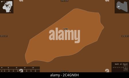 Wadi al Hayat, district of Libya. Patterned solids with lakes and rivers. Shape presented against its country area with informative overlays. 3D rende Stock Photo