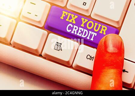 Text sign showing Fix Your Credit. Business photo text improve or increase your rating or score to get money loan or mortgage Stock Photo