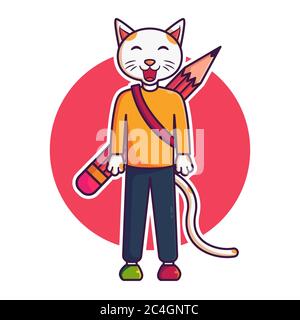 cat mascot template. cat and pencil vector Stock Vector