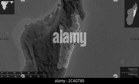 Toamasina, autonomous province of Madagascar. Grayscaled map with lakes and rivers. Shape presented against its country area with informative overlays Stock Photo