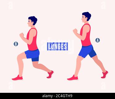 Men doing Lunges exercise, Men workout fitness, aerobic and exercises. Vector Illustration. Stock Vector