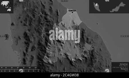 Kelantan, state of Malaysia. Grayscaled map with lakes and rivers. Shape presented against its country area with informative overlays. 3D rendering Stock Photo