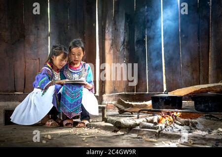 Mu Cang Chai, Yen Bai Province, Vietnam - May 30, 2020 -  H'mong ethnic minority children in Mucangchai, Vietnam. H'mong is the 8th largest ethnic gro Stock Photo