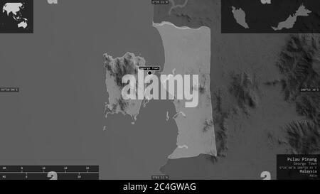 Pulau Pinang, state of Malaysia. Grayscaled map with lakes and rivers. Shape presented against its country area with informative overlays. 3D renderin Stock Photo