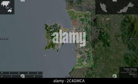 Pulau Pinang, state of Malaysia. Satellite imagery. Shape presented against its country area with informative overlays. 3D rendering Stock Photo