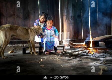 Mu Cang Chai, Yen Bai Province, Vietnam - May 30, 2020 -  H'mong ethnic minority children in Mucangchai, Vietnam. H'mong is the 8th largest ethnic gro Stock Photo