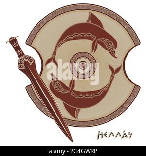 Ancient Hellenic sword, ancient greek shield, the image of a Dolphin and greek ornament meander Stock Vector