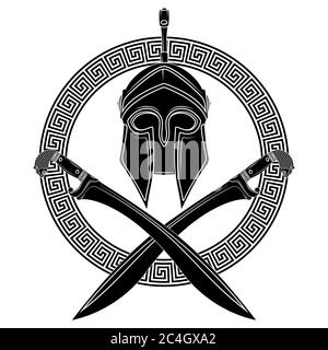 Ancient Hellenic helmet, two crossed ancient Greek swords and greek ornament meander Stock Vector