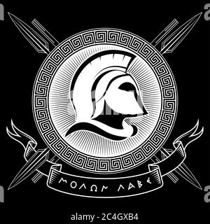 Ancient Spartan helmet, greek ornament meander, spears and slogan Molon labe - come and take Stock Vector
