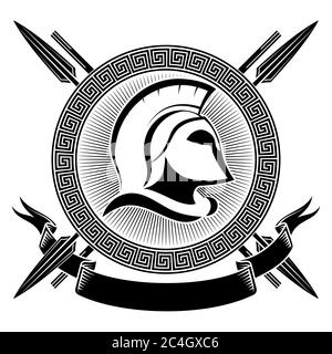 Ancient Spartan helmet, greek ornament meander and spears Stock Vector
