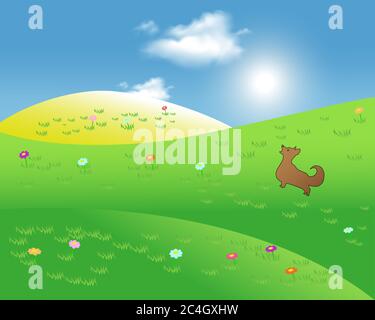 Illustration of idyllic mountains with sunshine rays and blue sky. A perfect landscape scene. Stock Vector