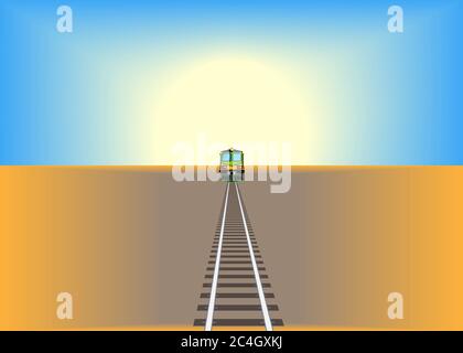 Railway track crossing drought cracked desert landscape under dramatic evening sunset sky. Global warming and travel concept Stock Vector
