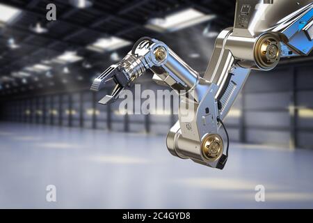 3d rendering metallic robotic arm in factory Stock Photo