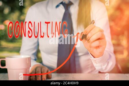 Text sign showing Consulting. Business photo text engaged in giving expert advice to experts or technicians digital arrowhead curve rising upward deno Stock Photo