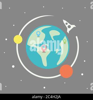 Planet Earth with map pins and rocket icon from astronomy. Flat design planet earth for element design or background. Vector illustration EPS.8 EPS.10 Stock Vector