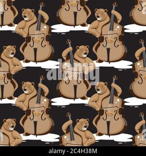 seamless pattern of a bear playing a double bass on a black background. Vector image Stock Vector