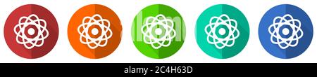 Atom icon set, red, blue, green and orange flat design web buttons isolated on white background, vector illustration Stock Vector