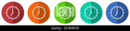 Time icon set, clock, watch, red, blue, green and orange flat design web buttons isolated on white background, vector illustration Stock Vector