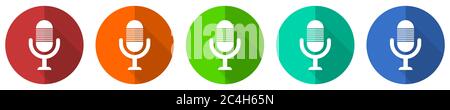 Microphone, audio, record, radio icon set, red, blue, green and orange flat design web buttons isolated on white background, vector illustration Stock Vector