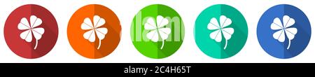 Four-leaf clover icon set, red, blue, green and orange flat design web buttons isolated on white background, vector illustration Stock Vector